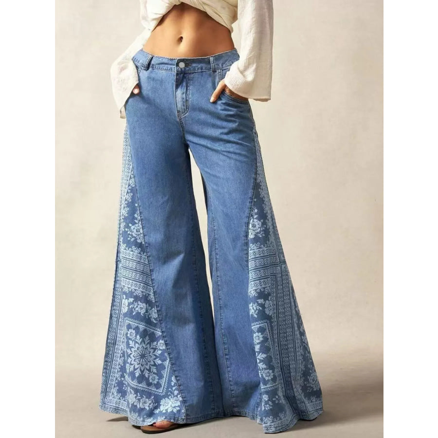 Floral Print Wide-Leg Flare Jeans Blue / S Apparel and Accessories