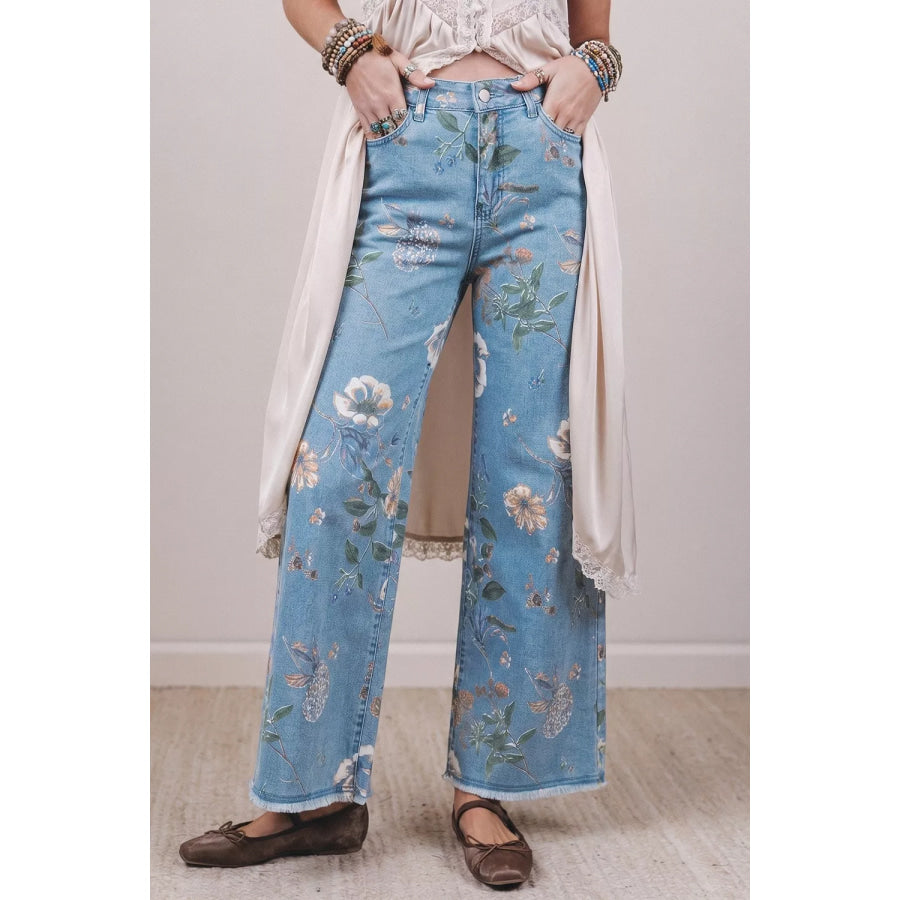 Floral Print Wide-Leg Jeans Apparel and Accessories