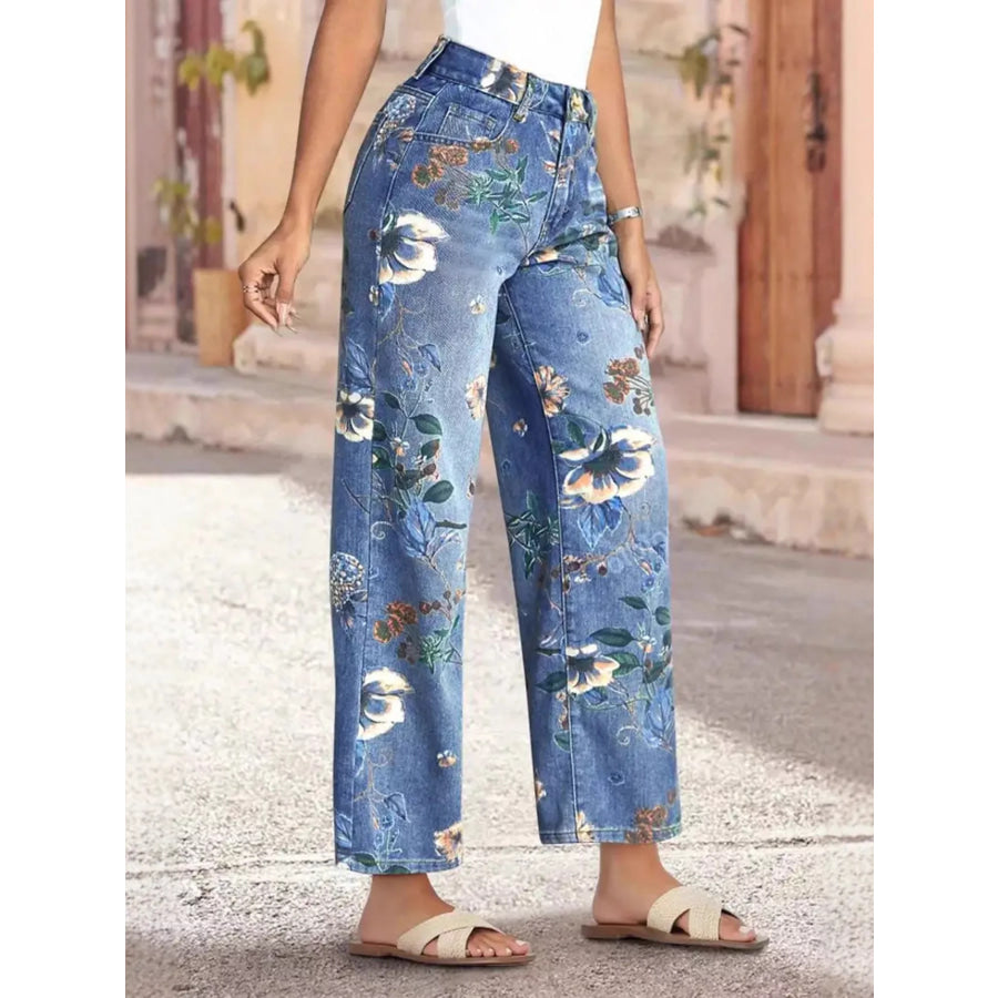 Floral Print Wide Leg Jeans Apparel and Accessories