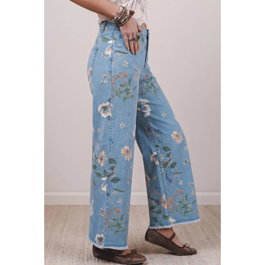 Floral Print Wide-Leg Jeans Apparel and Accessories