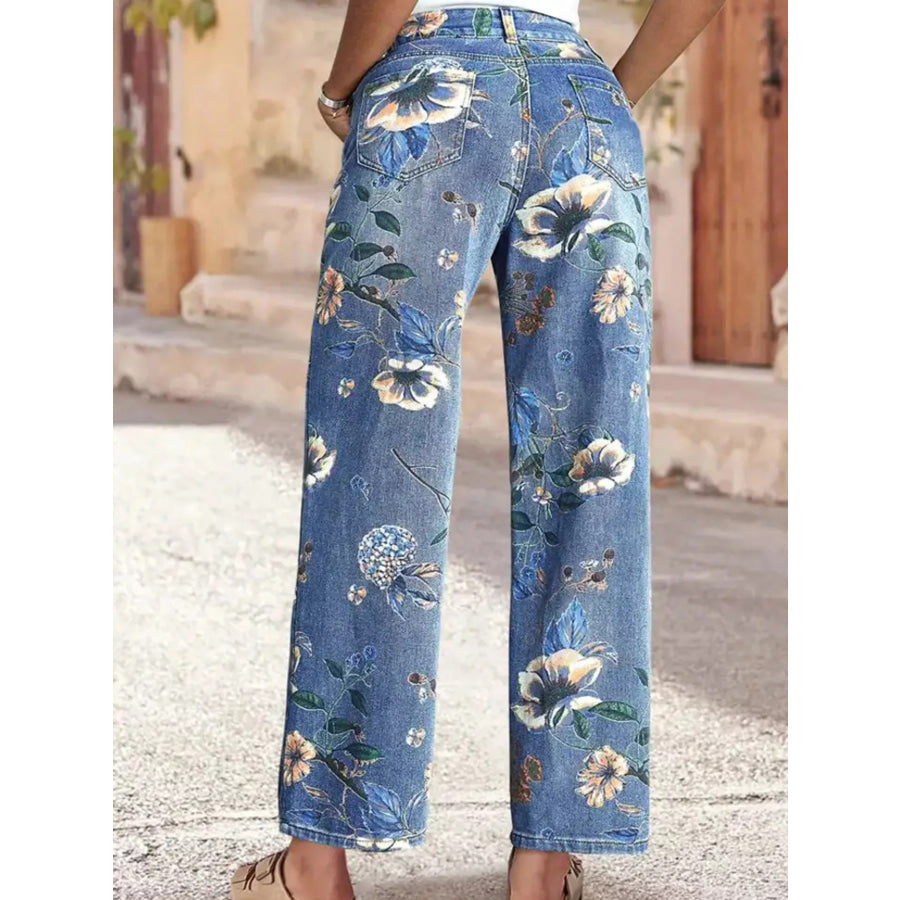 Floral Print Wide Leg Jeans Apparel and Accessories