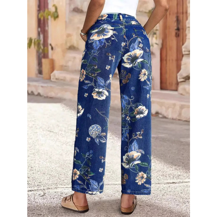 Floral Print Wide Leg Jeans Apparel and Accessories