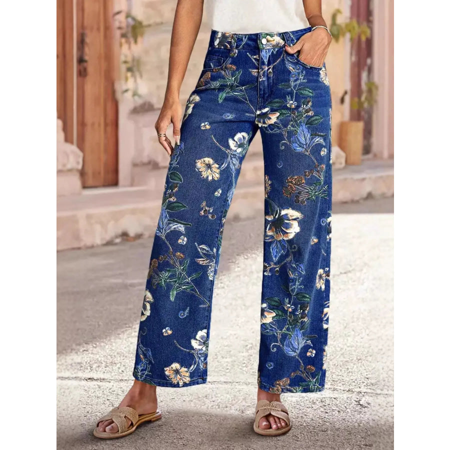 Floral Print Wide Leg Jeans Dark Blue / S Apparel and Accessories