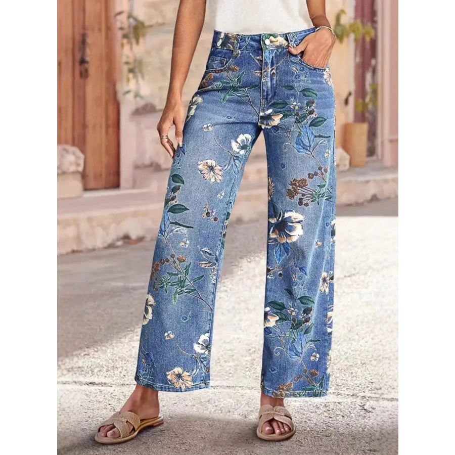 Floral Print Wide Leg Jeans Light Blue / S Apparel and Accessories