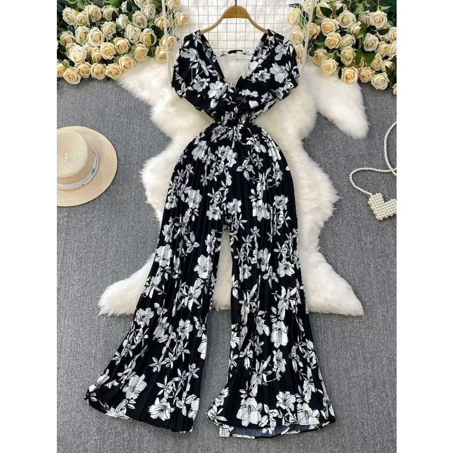 Floral Print Wide Leg Pleated Jumpsuit Apparel and Accessories