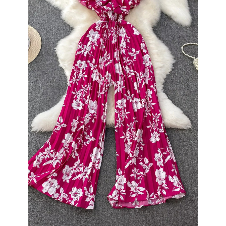 Floral Print Wide Leg Pleated Jumpsuit Apparel and Accessories