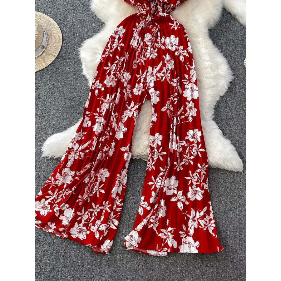 Floral Print Wide Leg Pleated Jumpsuit Apparel and Accessories