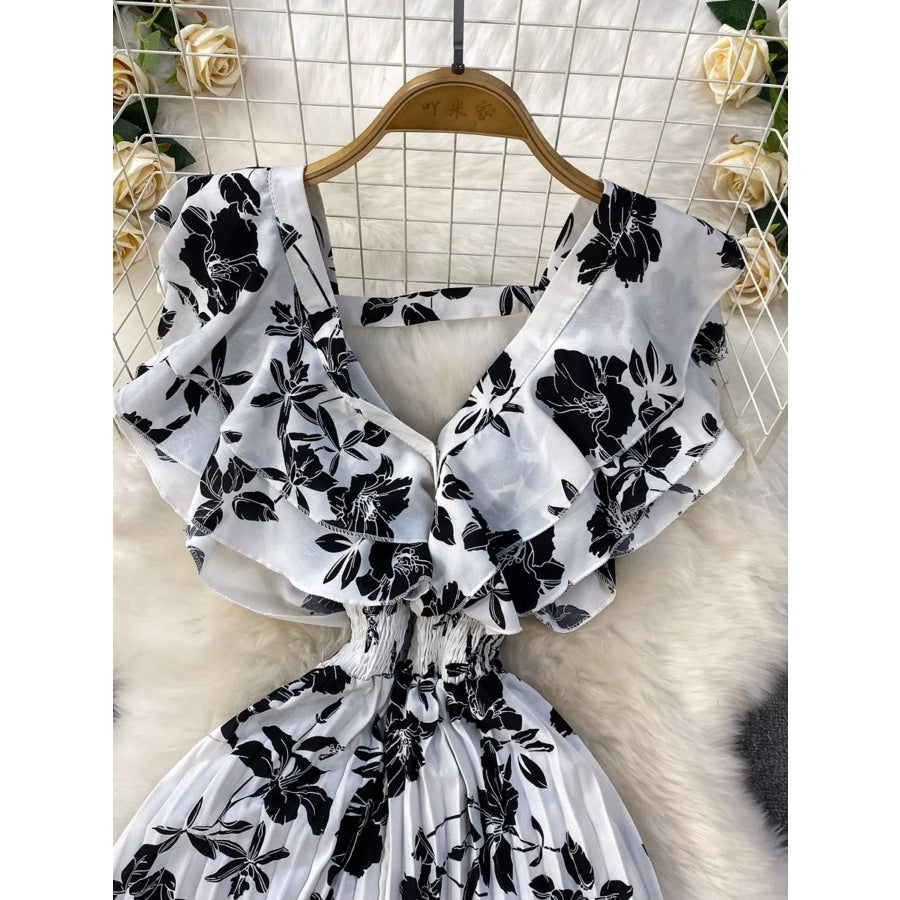 Floral Print Wide Leg Pleated Jumpsuit Apparel and Accessories