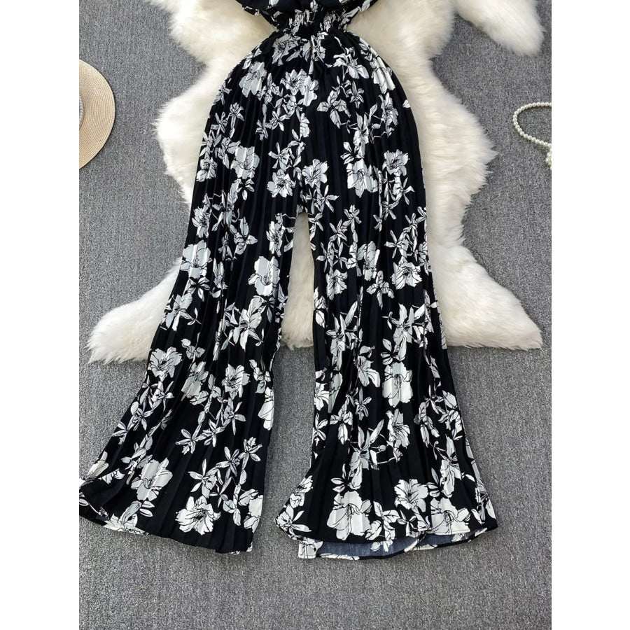 Floral Print Wide Leg Pleated Jumpsuit Apparel and Accessories