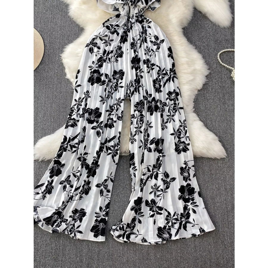Floral Print Wide Leg Pleated Jumpsuit Apparel and Accessories
