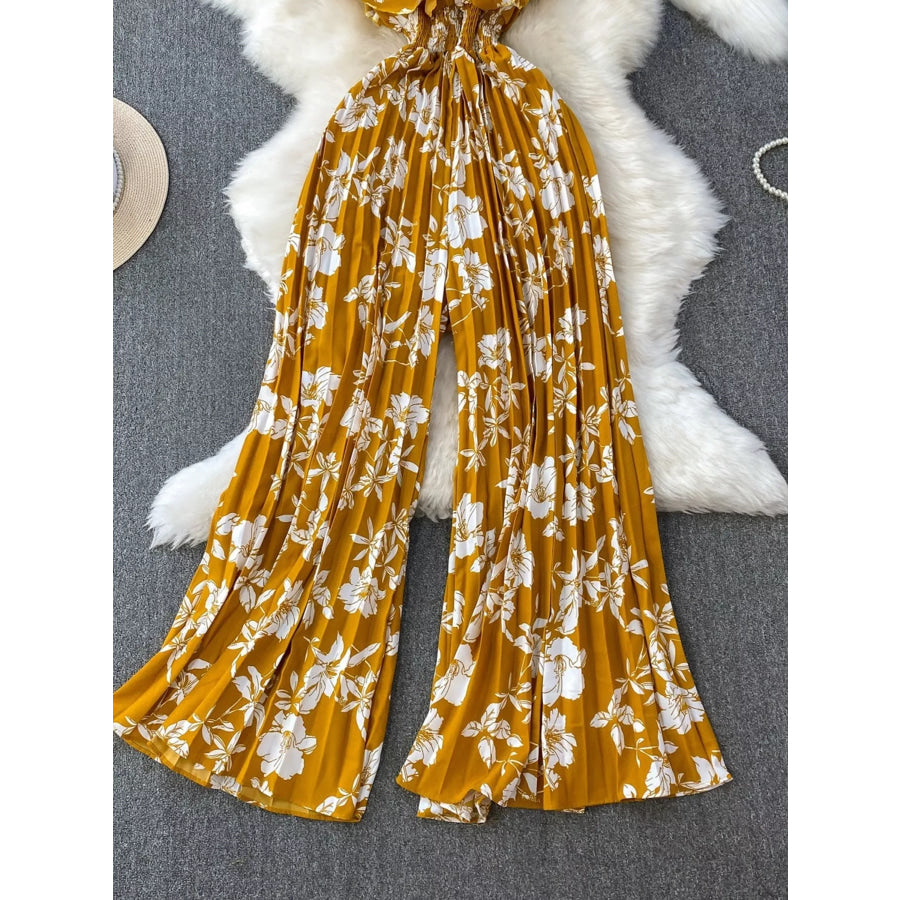 Floral Print Wide Leg Pleated Jumpsuit Apparel and Accessories