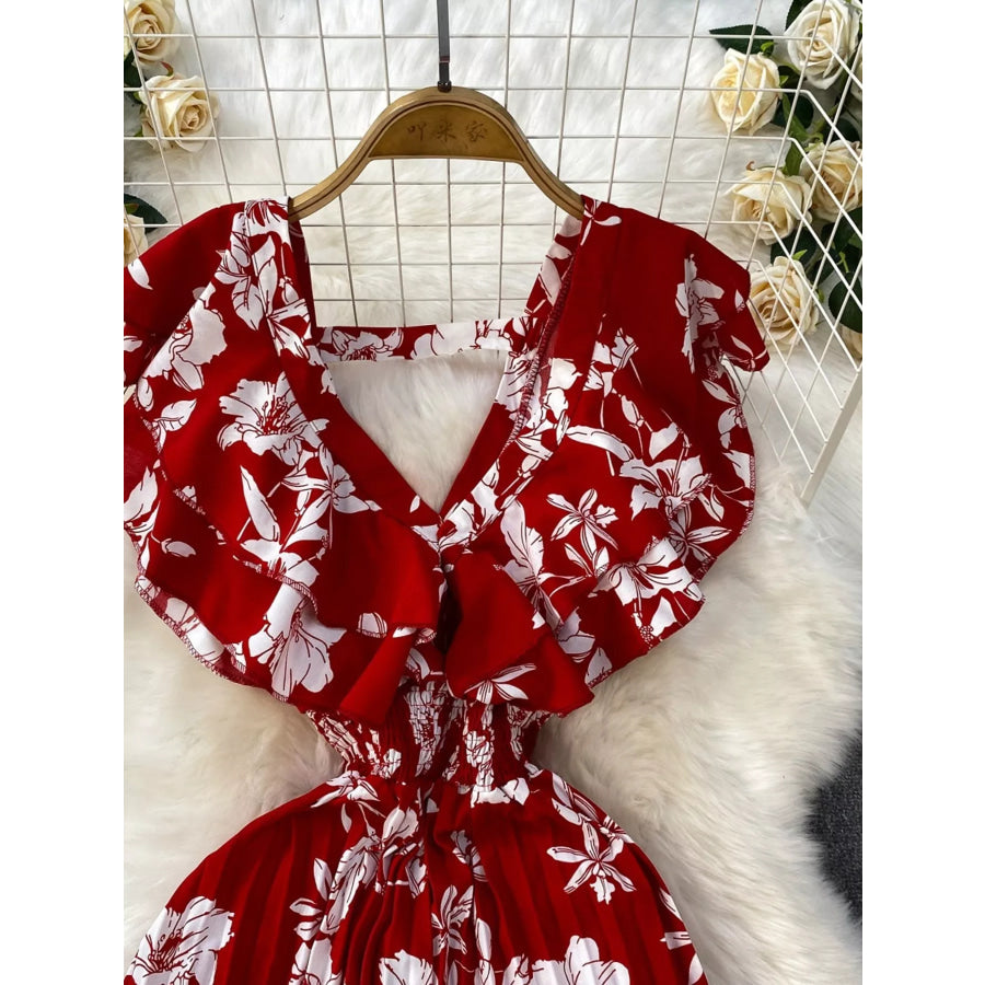 Floral Print Wide Leg Pleated Jumpsuit Apparel and Accessories