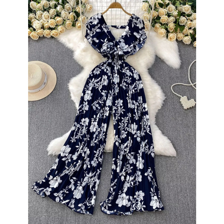 Floral Print Wide Leg Pleated Jumpsuit Dark Blue / One Size Apparel and Accessories