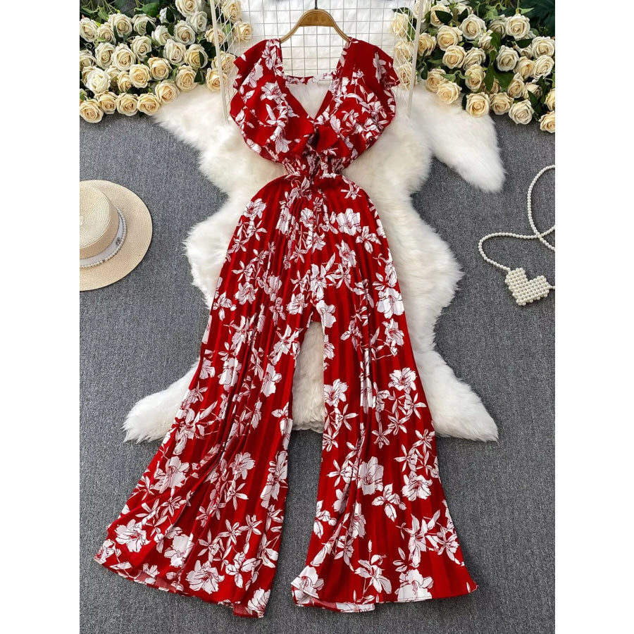 Floral Print Wide Leg Pleated Jumpsuit Red / One Size Apparel and Accessories