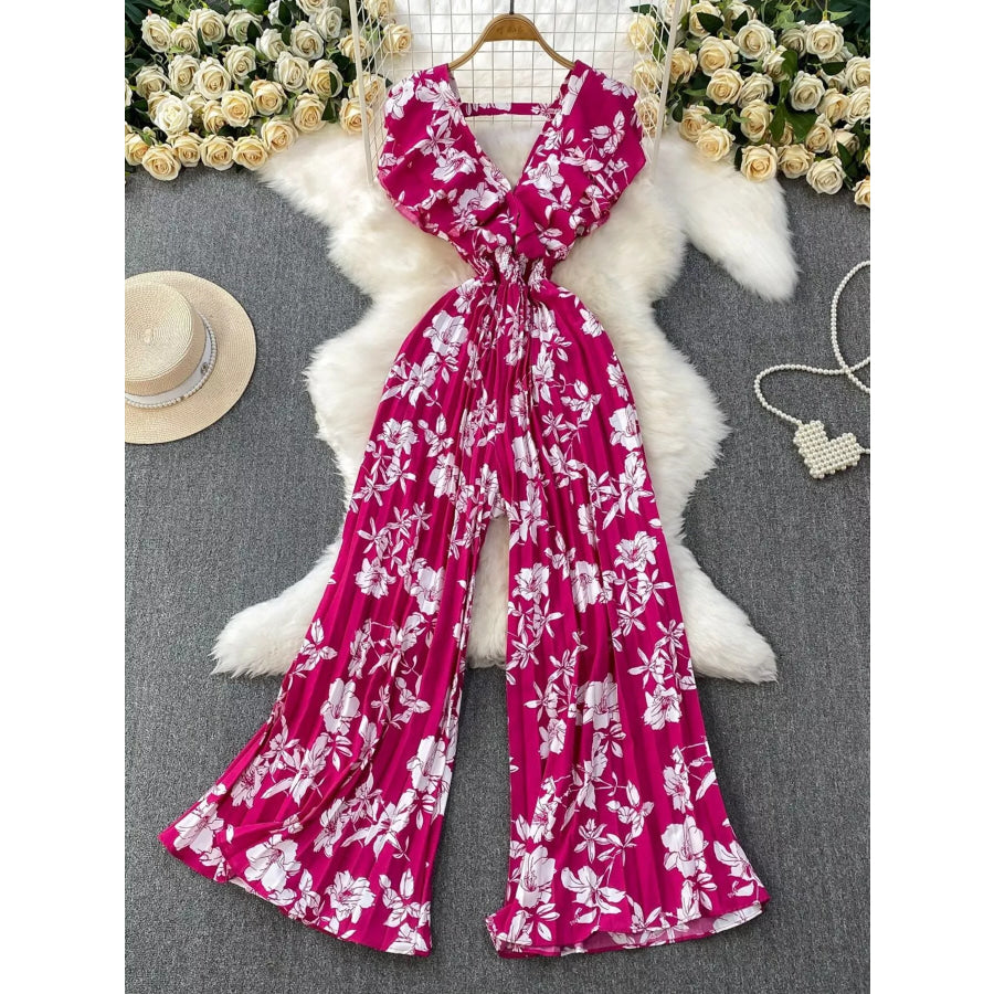 Floral Print Wide Leg Pleated Jumpsuit Rose Red / One Size Apparel and Accessories
