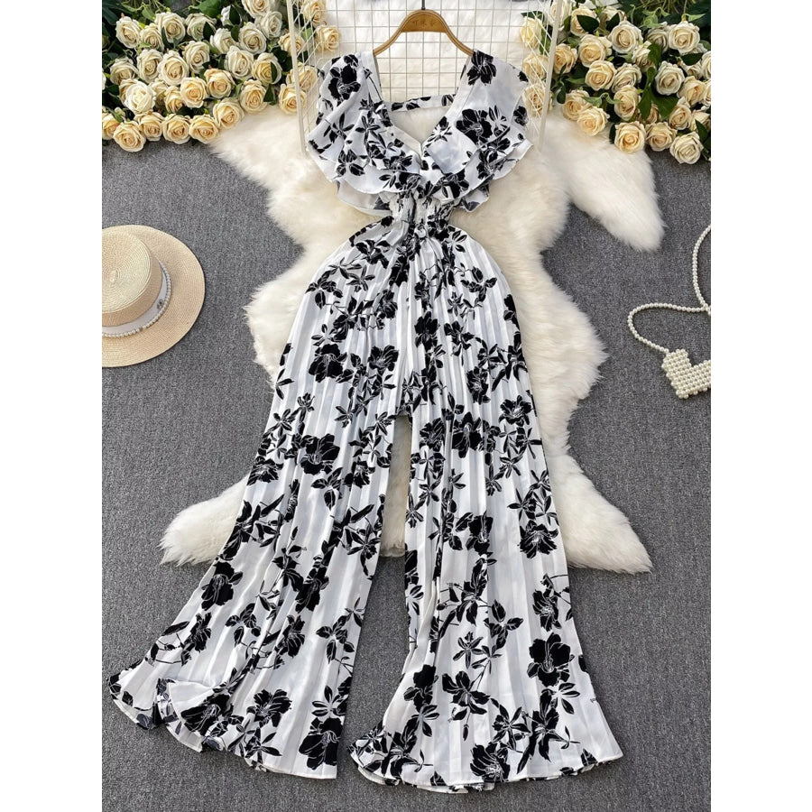Floral Print Wide Leg Pleated Jumpsuit White / One Size Apparel and Accessories