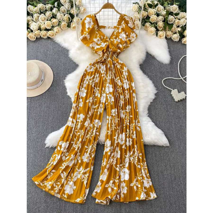 Floral Print Wide Leg Pleated Jumpsuit Yellow / One Size Apparel and Accessories
