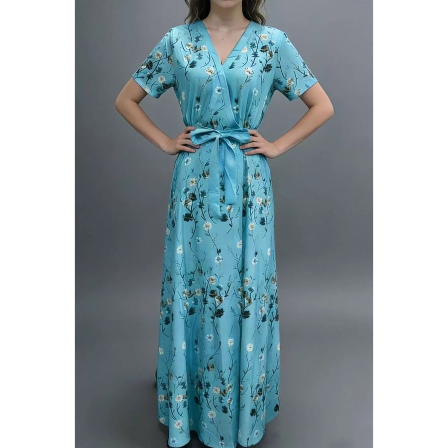 Floral Print Wrap Maxi Dress Cerulean / S Apparel and Accessories