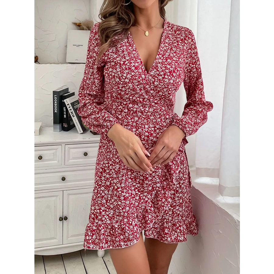 Floral Print Wrap Mini Dress Wine Red / S Apparel and Accessories