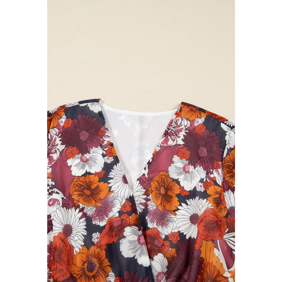 Floral Print Wrap V Neck Puff Sleeve Flowy Mini Dress Apparel and Accessories