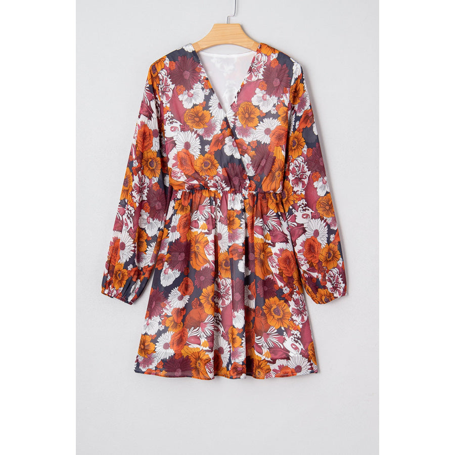 Floral Print Wrap V Neck Puff Sleeve Flowy Mini Dress Apparel and Accessories