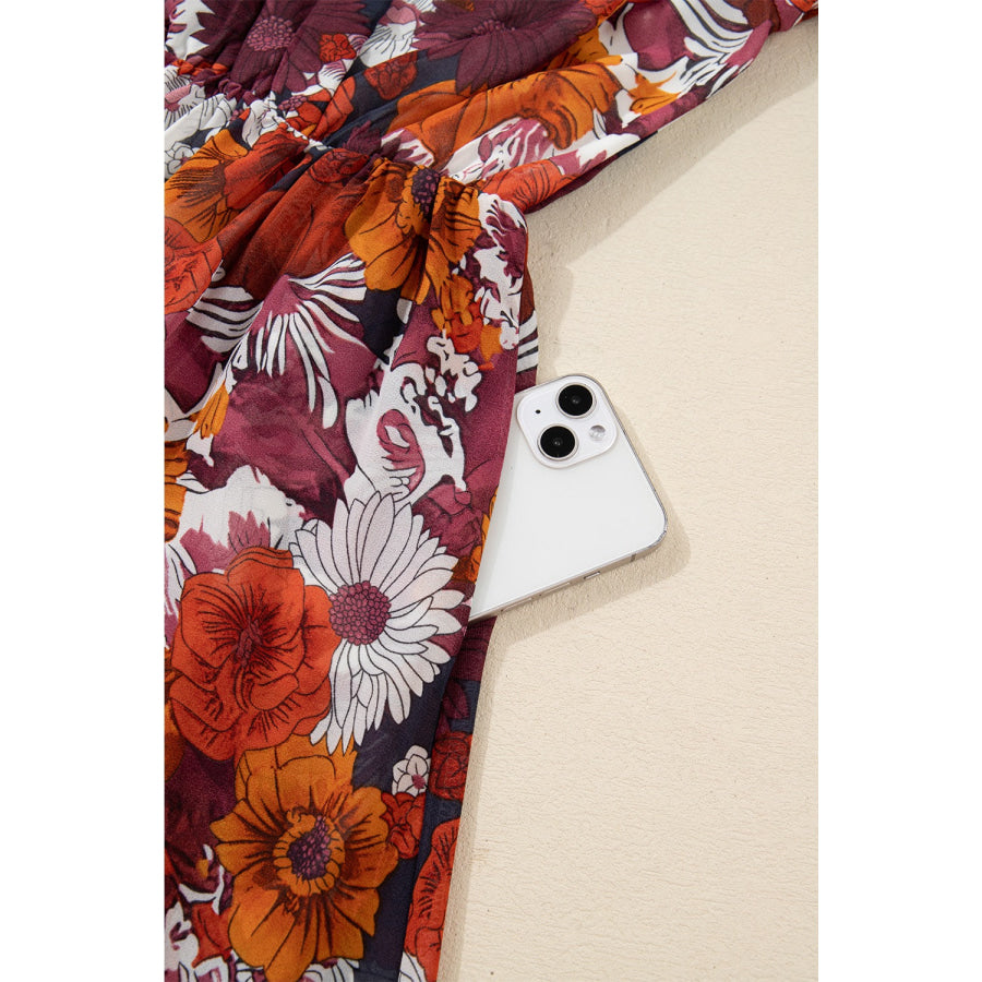 Floral Print Wrap V Neck Puff Sleeve Flowy Mini Dress Apparel and Accessories