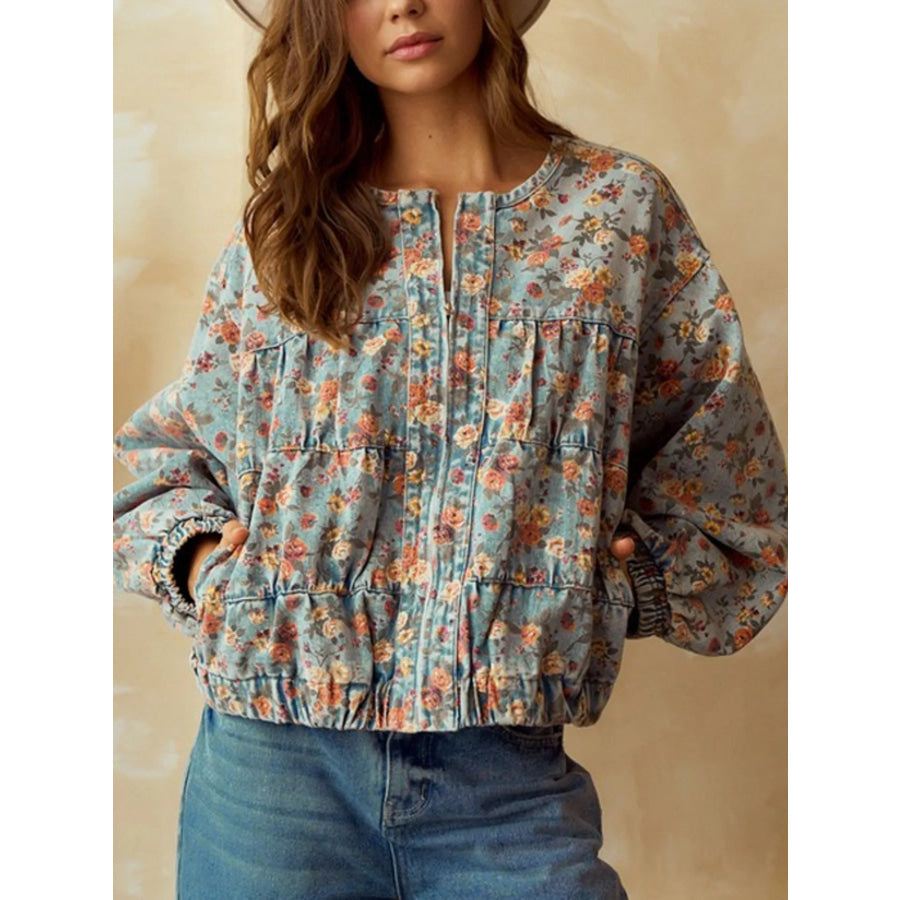 Floral Print Zip Up Cropped Denim Jacket Floral / S Apparel and Accessories