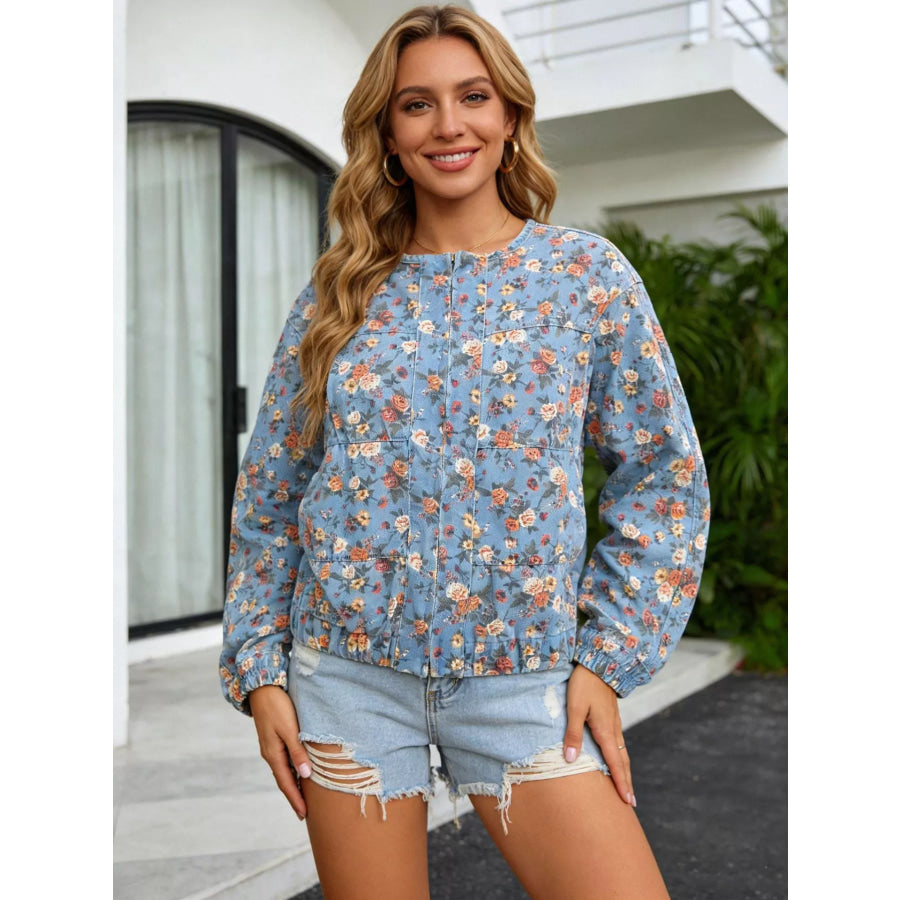 Floral Print Zip Up Denim Jacket Apparel and Accessories