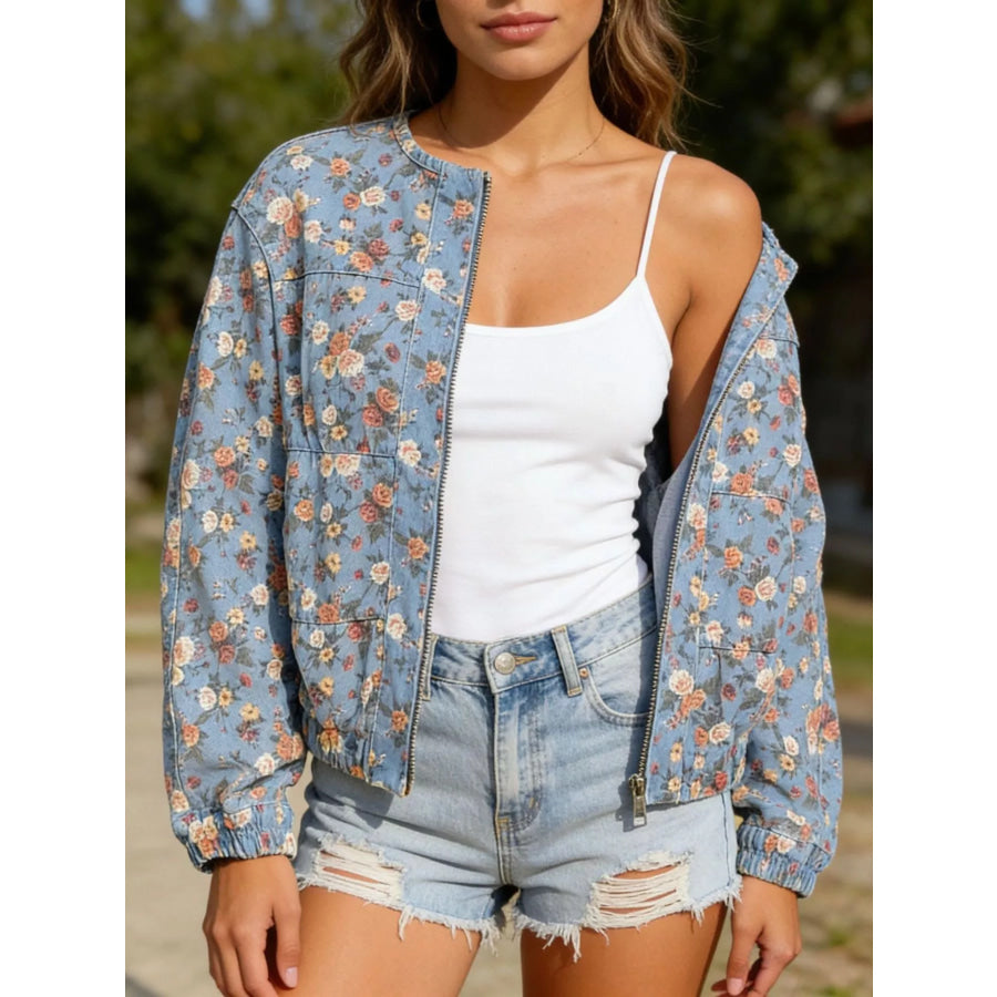 Floral Print Zip Up Denim Jacket Light Blue / S Apparel and Accessories