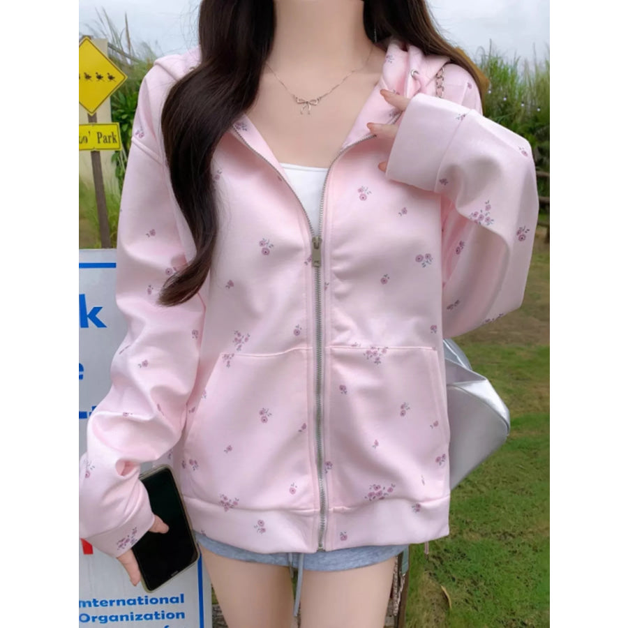 Floral Print Zip-Up Hoodie Pink / M Apparel and Accessories