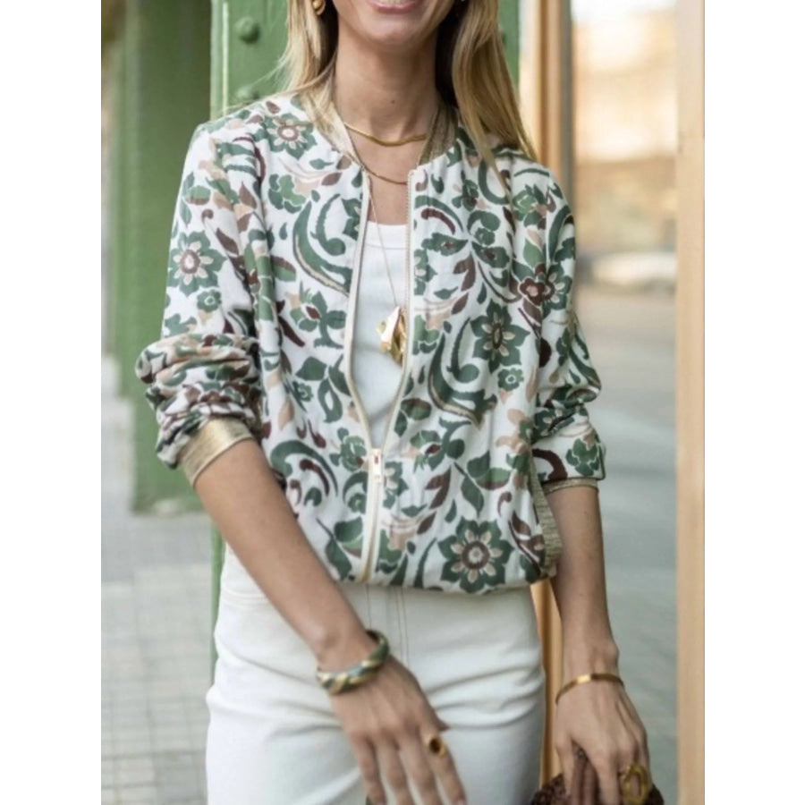 Floral Print Zip Up Jacket Green / S Apparel and Accessories