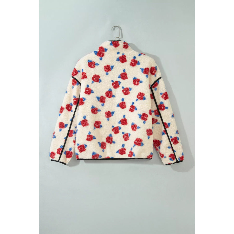 Floral Print Zipper Stand Neck Outerwear Fleece Coat Apparel and Accessories