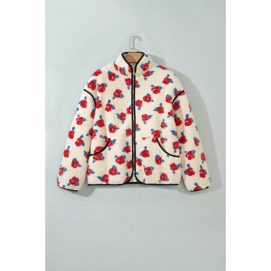 Floral Print Zipper Stand Neck Outerwear Fleece Coat Apparel and Accessories