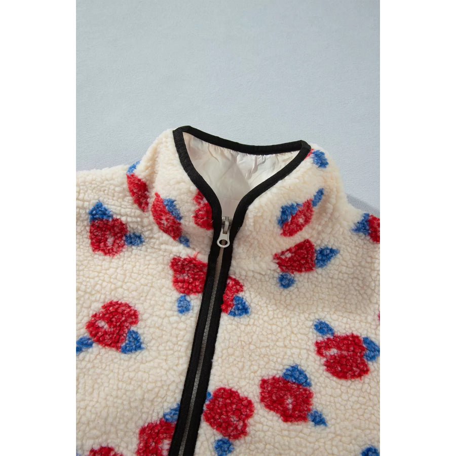 Floral Print Zipper Stand Neck Outerwear Fleece Coat Apparel and Accessories