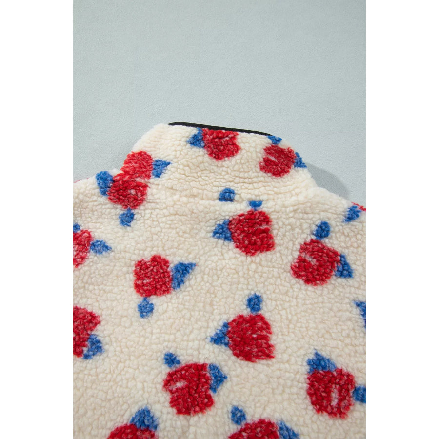 Floral Print Zipper Stand Neck Outerwear Fleece Coat Apparel and Accessories