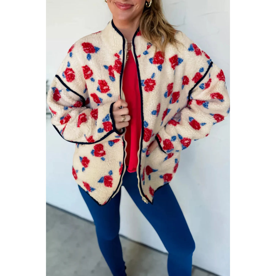 Floral Print Zipper Stand Neck Outerwear Fleece Coat Apparel and Accessories