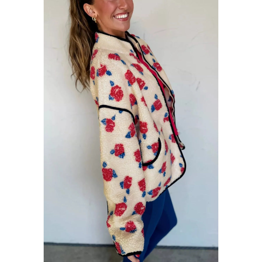 Floral Print Zipper Stand Neck Outerwear Fleece Coat Apparel and Accessories