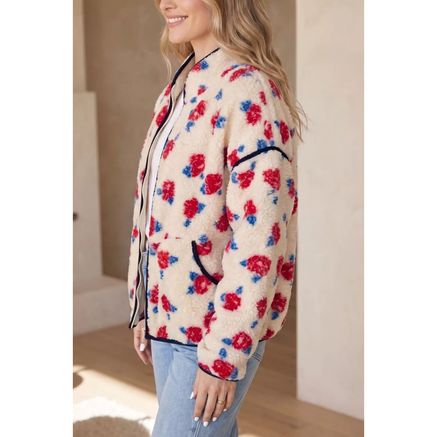 Floral Print Zipper Stand Neck Outerwear Fleece Coat Apparel and Accessories
