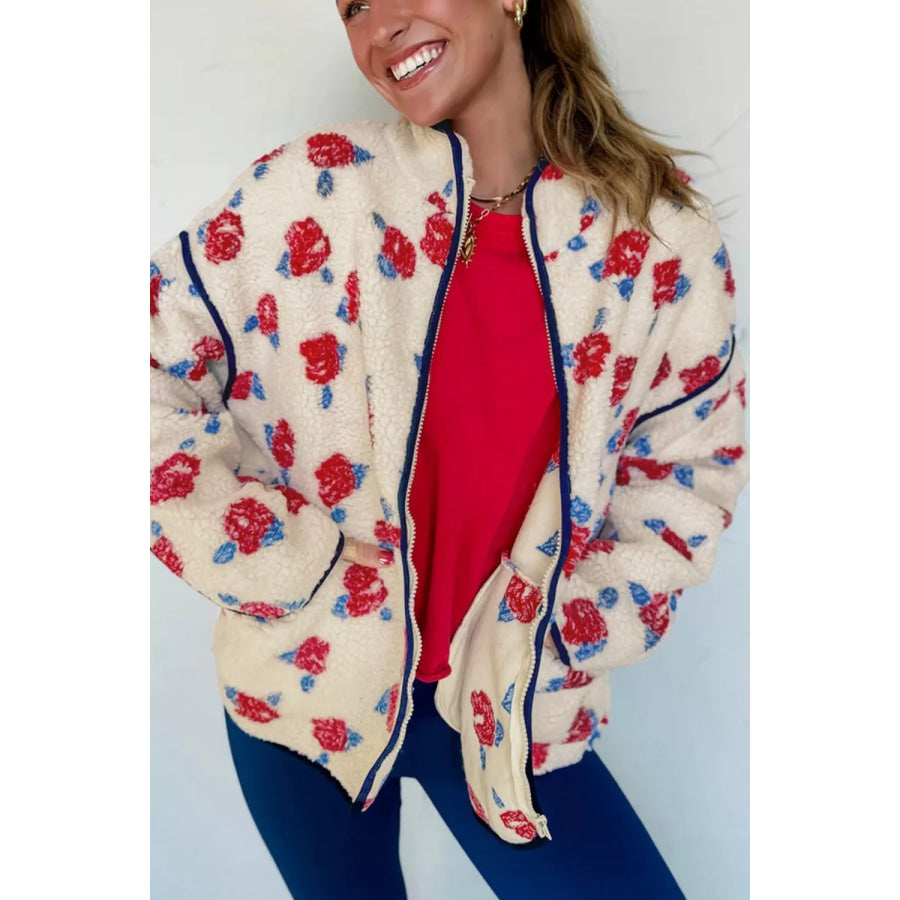 Floral Print Zipper Stand Neck Outerwear Fleece Coat Apparel and Accessories