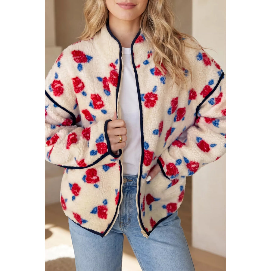 Floral Print Zipper Stand Neck Outerwear Fleece Coat Scarlet / S Apparel and Accessories