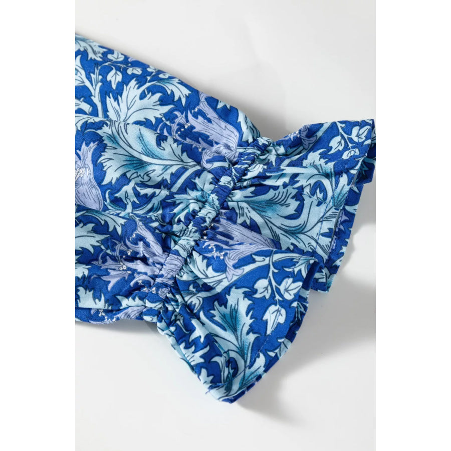 Floral Printed Frilled V Neck Bracelet Sleeve Long Dress Apparel and Accessories