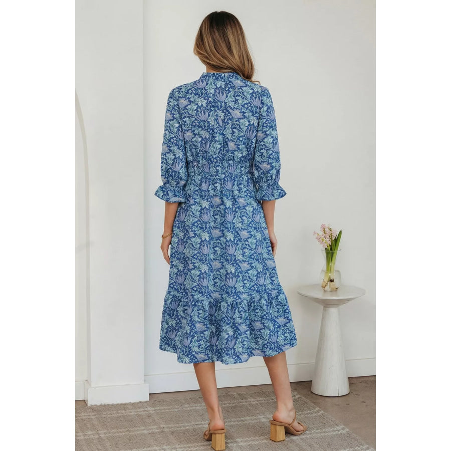 Floral Printed Frilled V Neck Bracelet Sleeve Long Dress Apparel and Accessories