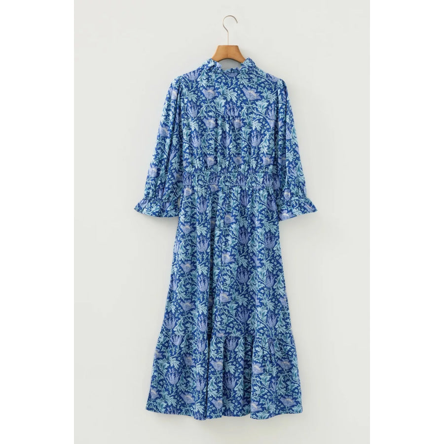 Floral Printed Frilled V Neck Bracelet Sleeve Long Dress Apparel and Accessories
