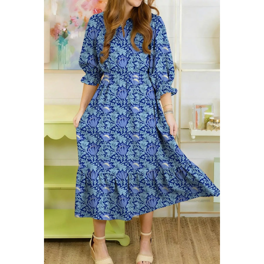 Floral Printed Frilled V Neck Bracelet Sleeve Long Dress Apparel and Accessories