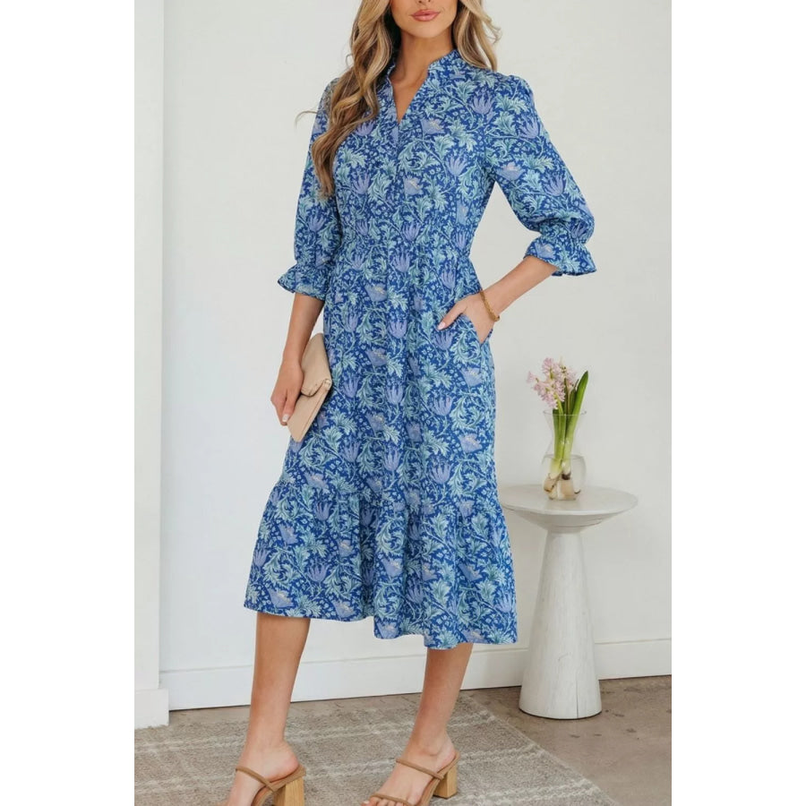 Floral Printed Frilled V Neck Bracelet Sleeve Long Dress Apparel and Accessories