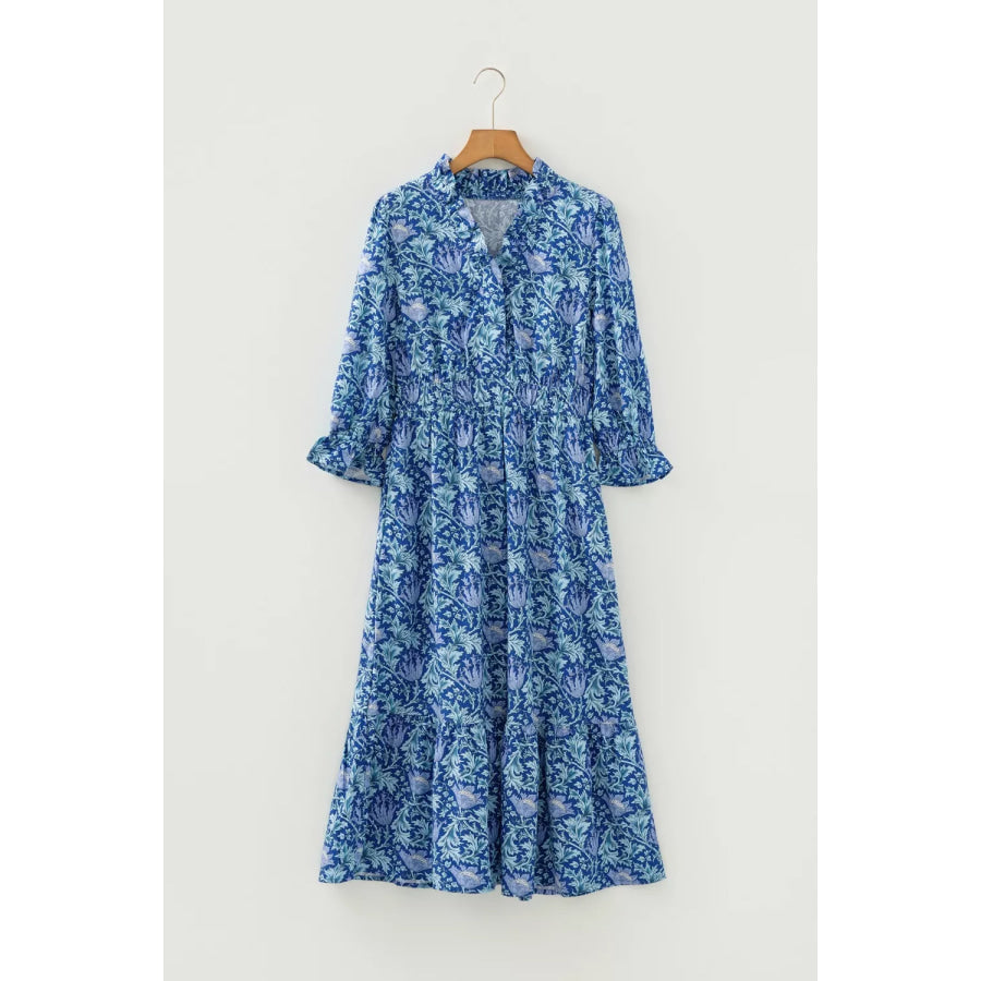 Floral Printed Frilled V Neck Bracelet Sleeve Long Dress Apparel and Accessories