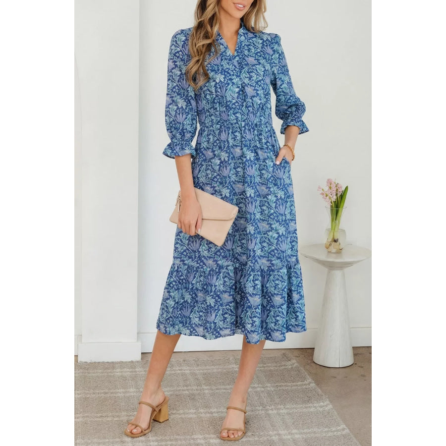 Floral Printed Frilled V Neck Bracelet Sleeve Long Dress Dusty Blue / S Apparel and Accessories