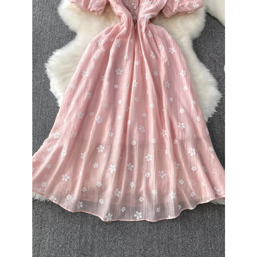 Floral Puff Sleeve A-Line Midi Dress Apparel and Accessories