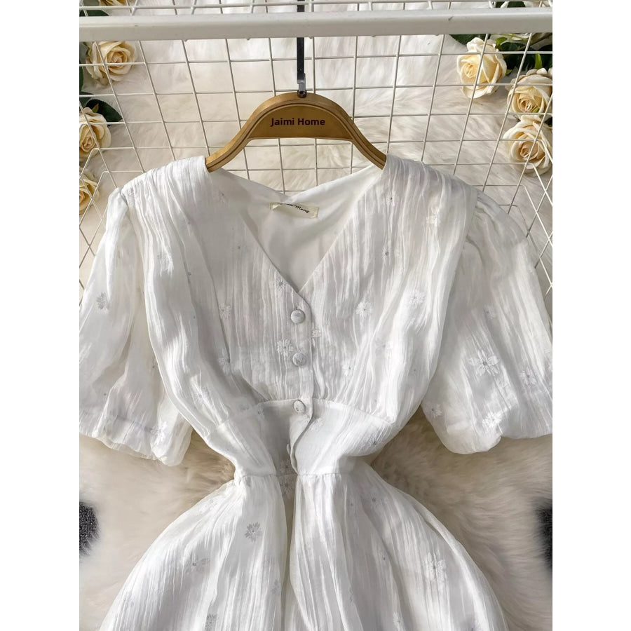 Floral Puff Sleeve A-Line Midi Dress Apparel and Accessories