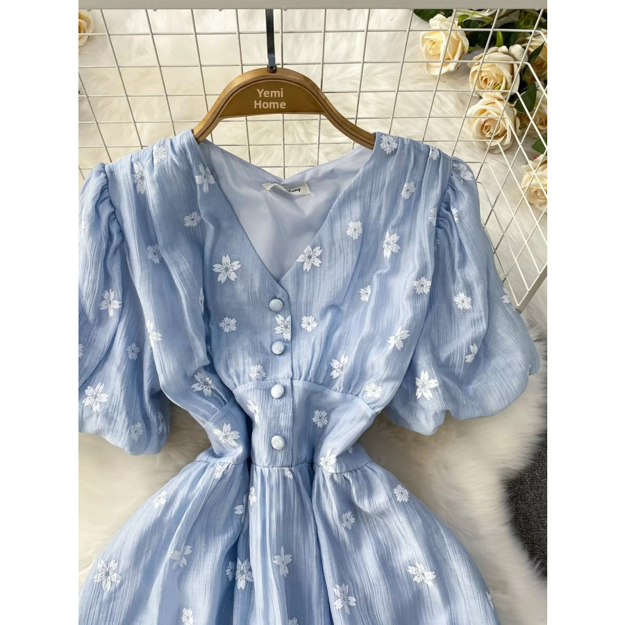 Floral Puff Sleeve A-Line Midi Dress Apparel and Accessories